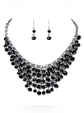 Dramatic Black All Glass Bead Cluster Statement Necklace and Earring Set - NEW